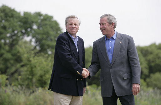 President George W. Bush shakes hands with NATO Secretary General Jaap de Hoop Scheffer Monday, May 21, 2007, as the two wound up a visit to the Bush Ranch in Crawford, Texas. The President thanked the Secretary-General for his leadership and called him a "strong advocate of fighting terror, spreading freedom, helping the oppressed and modernizing this important alliance." White House photo by Shealah Craighead