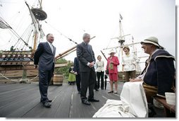 President George W. Bush and Mrs. Laura Bush are joined by Virginia Gov. Tim Kaine and his wife, Anne Holton, and former Supreme Court Justice Sandra Day O'Connor as they talk with Josiah Freitus, a sail maker, during a visit to Jamestown Settlement Sunday, May 13, 2007, in Jamestown, Va. White House photo by Shealah Craighead