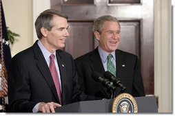 Congressman Rob Portman, R-Ohio, speaks during a ceremony in which President Bush nominated him to be the next U.S. Trade Representative during a ceremony in the Roosevelt Room Thursday, March 17, 2005.  White House photo by Paul Morse