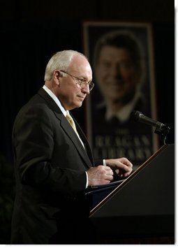 Vice President Dick Cheney delivers remarks during a visit to the Ronald Reagan Presidential Library and Museum in Simi Valley, Calif., Wednesday, March 17, 2004. The Vice President discussed President Reagan's legacy and America's War on Terror.  White House photo by David Bohrer