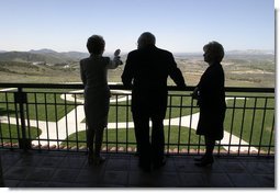 Looking over a replica of the White House South Lawn, former First Lady Nancy Reagan leads Vice President Dick Cheney and Mrs. Lynne Cheney on a tour of the Ronald Reagan Presidential Library and Museum in Simi Valley, Calif., Wednesday, March 17, 2004.  White House photo by David Bohrer