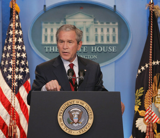 President George W. Bush addresses a morning news conference Thursday, July 12, 2007, in the James S. Brady Briefing Room of the White House. Said the President, "The real debate over Iraq is between those who think the fight is lost or not worth the cost, and those that believe the fight can be won and that, as difficult as the fight is, the cost of defeat would be far higher." White House photo by Chris Greenberg