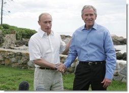 President George W. Bush and President Vladimir Putin of Russia, shake hands at the end of their joint press availability Monday, July 2, 2007, at Walker's Point in Kennebunkport, Me. Said President Bush, "We had a good, casual discussion on a variety of issues. We had a very long, strategic dialogue that I found to be important, necessary and productive."  White House photo by Joyce N. Boghosian