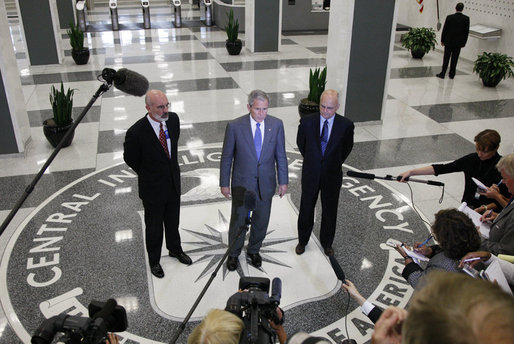 President George W. Bush, joined by Central Intelligence Agency Director Michael Hayden, right, and Deputy CIA Director Stephen Kappes, addresses reporters Thursday, Aug. 14, 2008 at the CIA headquarters in Langley, Va., following President Bush's participation in briefings on the war on terror and the current situation in Georgia. White House photo by Eric Draper