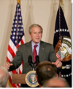 President George W. Bush gestures as he addresses his remarks Tuesday, Aug. 12, 2008, to the Coalition for Affordable American Energy at the Dwight D. Eisenhower Executive Office Building in Washington, D.C. President Bush said a comprehensive energy strategy should include the development of alternative energy technologies, conservation measures and more oil exploration on the Outer Continental Shelf. White House photo by Chris Greenberg