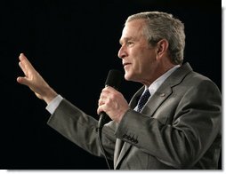 President George W. Bush takes a variety of questions from the audience, including questions regarding the tragedy at Virginia Tech University, during a visit to Tipp City High School Thursday, April 19, 2007, in Tipp City, Ohio. "One of the lessons of these tragedies is to make sure that when people see somebody, or know somebody who is exhibiting abnormal behavior, to do something about it, to suggest that somebody take a look; that if you are a parent and your child is doing strange things on the Internet, pay attention to it, and not be afraid to ask for help, and not be afraid to say, I am concerned about what I'm seeing," said President Bush. White House photo by Eric Draper