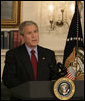 President George W. Bush delivers a statement Monday, April 16, 2007, regarding the shooting deaths of more than 30 Virginia Tech students. "Today, our nation grieves with those who have lost loved ones at Virginia Tech," said the President. "We hold the victims in our hearts, we lift them up in our prayers, and we ask a loving God to comfort those who are suffering today." White House photo by Eric Draper