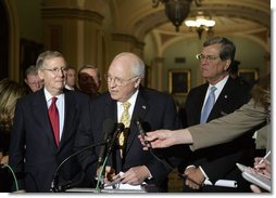 Vice President Dick Cheney comments on the war in Iraq Tuesday, April 24, 2007 at the U.S. Capitol. Standing with the Vice President is Senate Minority Leader Mitch McConnell, R-KY, left, and Senator Trent Lott, R-MS. White House photo by Joyce N. Boghosian