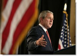 President George W. Bush addresses his remarks at Harlem Village Academy Charter School in New York, during his visit to the school Tuesday, April 24, 2007, speaking on his “No Child Left Behind” reauthorization proposals.  White House photo by Eric Draper