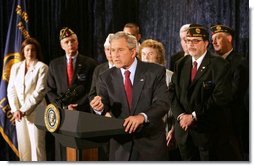 President George W. Bush emphasizes a point as he speaks on the Iraq War Supplemental during a visit to the American Legion Post 177 Tuesday, April 10, 2007, in Fairfax, Va. Said the President, "The bottom line is this: Congress's failure to fund our troops will mean that some of our military families could wait longer for their loved ones to return from the front lines. Others could see their loved ones headed back to war sooner than anticipated. This is unacceptable."  White House photo by Joyce N. Boghosian