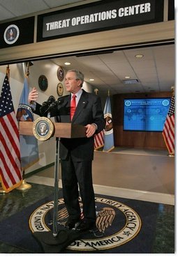 President George W. Bush addresses the media during a visit to the National Security Agency in Fort Meade, Md., Wednesday, Jan. 25, 2006.  White House photo by Eric Draper