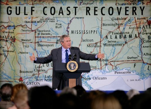 President George W. Bush delivers remarks on gulf coast reconstruction in Bay St. Louis, Miss., Thursday, Jan. 12, 2006. "I can remember coming here, the times I came, and looked hard in people's eyes and saw a sense of desperation and worry and deep, deep concern about the future," said the President. I'm sure there is still concern about the future, but the eyes have cleared up" White House photo by Eric Draper