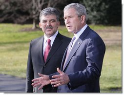 President George W Bush welcomes President Abdullah Gul to the White House Tuesday, Jan. 8, 2008, as they meet with the press during a photo opportunity. Said the President, "Turkey is a strategic partner of the United States. Relations between the United States and Turkey are important for our country. And we have worked hard to make them strong." White House photo by Eric Draper