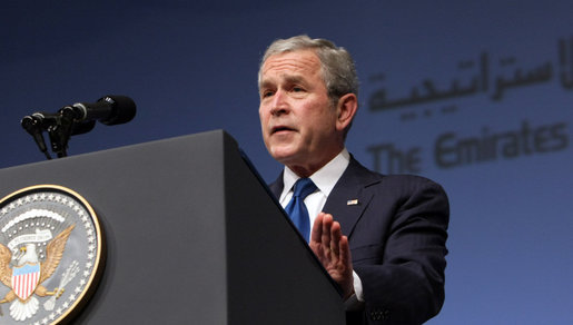 President George W. Bush delivers remarks in Abu Dhabi, United Arab Emirates, after arriving Sunday, Jan. 13, 2008. The President told his audience, "As you build a Middle East growing in peace and prosperity, the United States will be your partner." White House photo by Eric Draper