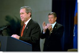 President George W. Bush discusses rights of people who are victims of crime during an address at the Robert F. Kennedy Department of Justice Tuesday, April 16. 