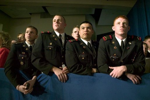Cadets from the New Mexico Military Institute listen as President George W. Bush delivers remarks on the war on terror at the Roswell Convention Center in Roswell, N.M., Thursday, Jan. 22, 2004. White House photo by Eric Draper