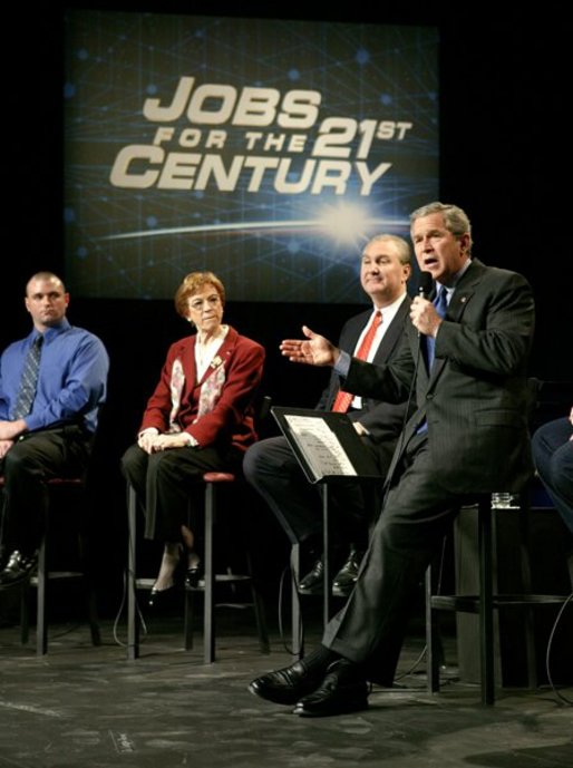 President George W. Bush speaks with participants during a discussion on job training and the economy at Owens Community College in Perrysburg Township, Ohio, Wednesday, Jan. 21, 2004. White House photo by Eric Draper
