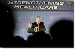 President George W. Bush delivers remarks on medical liability reform at Baptist Health Medical Center in Little Rock, Ark., Monday, Jan. 26, 2004.  White House photo by Paul Morse