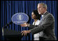 President George W. Bush is joined by Secretary of State Condoleezza Rice as he delivers a statement Monday, Aug. 7, 2006, on the Middle East crisis during a news conference in Crawford, Texas. White House photo by Eric Draper