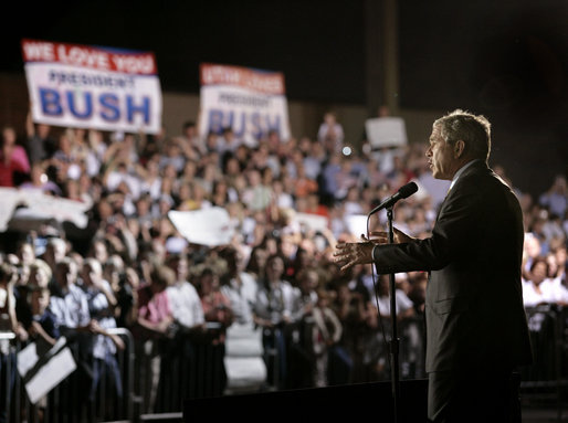 President George W. Bush speaks to a crowd of nearly 2000 people during an airport welcome at the Utah Air National Guard in Salt Lake City, Utah, Aug. 30, 2006. White House photo by Eric Draper