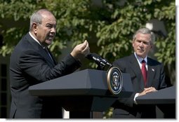Iraqi interim Prime Minister Ayad Allawi discussed his country's counter-terrorism plan during a press conference in the Rose Garden Thursday, Sept. 23, 2004. "The Iraqi government now commands almost 100,000 trained and combat-ready Iraqis, including police, national guard and army. The government have accelerated the development of Iraqi special forces and established a counter-terrorist strike force to address the specific problems caused by the insurgency," said the Prime Minister.  White House photo by Eric Draper