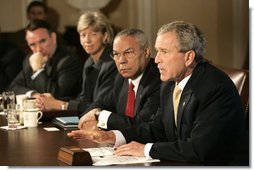 President George W. Bush answers questions from the press before a Cabinet Meeting at the White House Thursday, June 17, 2004.  White House photo by Eric Draper