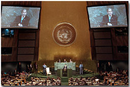 President George W. Bush addresses the United Nations General Assembly Nov. 10. "We're asking for a comprehensive commitment to this fight. We must unite in opposing all terrorists, not just some of them," said the President in his remarks. White House photo by Paul Morse.