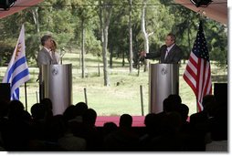 President George W. Bush and Uruguay's President Tabare Vazquez hold a joint press availability Saturday, March 10, 2007, at Estancia Anchorena, the presidential retreat.  White House photo by Paul Morse