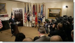 On the fourth anniversary of the invasion of Iraq, President George W. Bush delivers a statement Monday, March 19, 2007, to the media in the Roosevelt Room of the White House. "It can be tempting to look at the challenges in Iraq, and conclude our best option is to pack up and go home," said the President. "That may be satisfying in the short run, but I believe the consequences for American security would be devastating." White House photo by Eric Draper