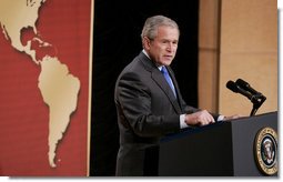 President George W. Bush addresses his remarks to United States Hispanic Chamber of Commerce, speaking on Western Hemisphere policy, Monday, March 5, 2007 in Washington, D.C. President Bush travels to Latin America later this week.  White House photo by Paul Morse