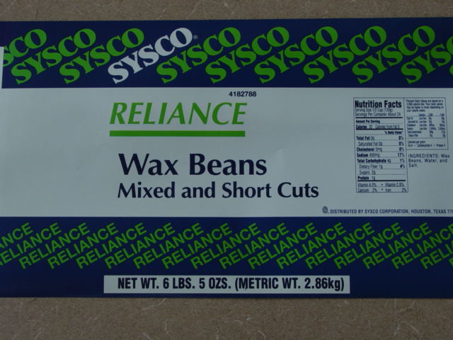 Label from eliance Sysco brand Wax beans mixed and short cuts 