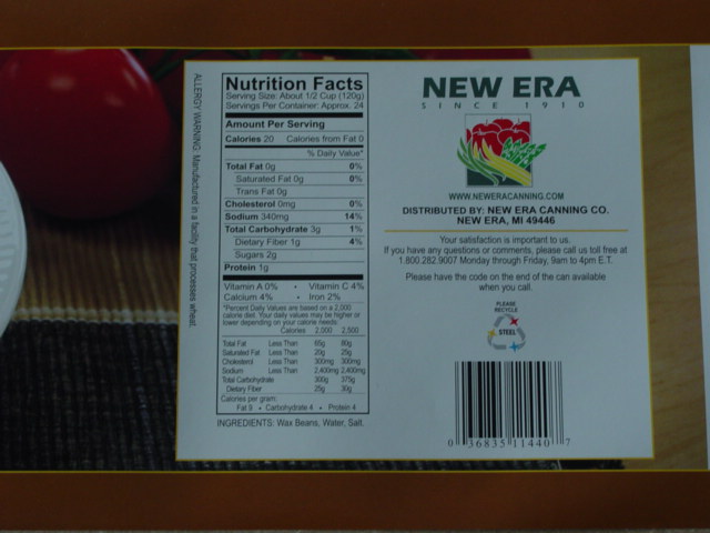 Label from New Era brand Cut wax beans 
