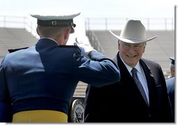 Vice President Dick Cheney is saluted before shaking hands with one the 906 newly-commissioned officers of the U.S. Air Force during a graduation ceremony at the Air Force Academy in Colorado on Wednesday, June 1, 2005. White House photo by David Bohrer