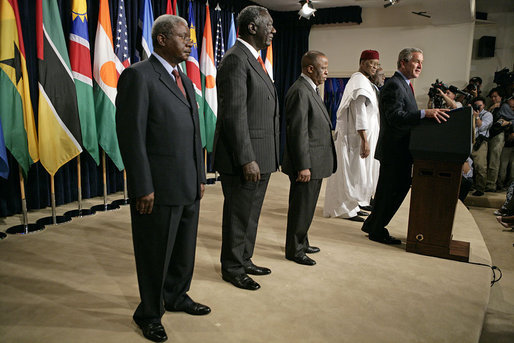 Standing with the Presidents of Botswana, Ghana, Namibia, Mozambique and Niger, President Bush discussed the African Growth and Opportunity Act, AGOA, in the Dwight D. Eisenhower Executive Office Building Monday, June 13, 2005. "All of us share a fundamental commitment to advancing democracy and opportunity on the continent of Africa," said the President. "And all of us believe that one of the most effective ways to advance democracy and deliver hope to the people of Africa is through mutually beneficial trade." White House photo by Eric Draper
