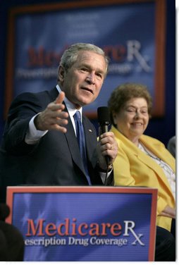 President George W. Bush makes a point during a Conversation on Medicare in Maple Grove, Minn., Friday, June 17, 2005. White House photo by Eric Draper