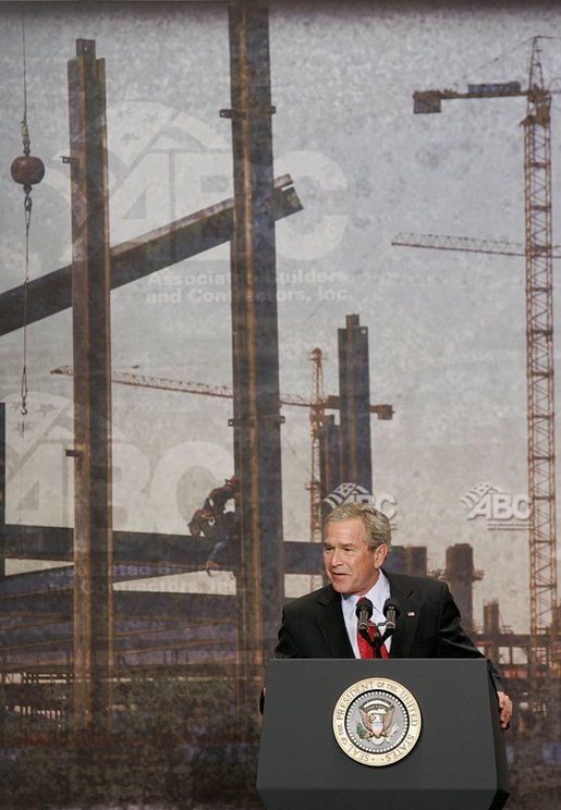 During his address to the Associated Builders and Contractors, President George W. Bush discusses Social Security in Washington, D.C., Wednesday, June 8, 2005. "I think the best way to make sure that people have got real assets in the Social Security system, not just IOUs in a file cabinet, is to let younger workers take some of their own money, if they so choose, a voluntary program, and set up a personal savings account," said the President. White House photo by Paul Morse