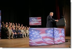 President George W. Bush addresses an audience Friday, Oct. 28, 2005 at Chrysler Hall in Norfolk, Va., speaking on the successes and challenges in fighting the war on terror.  White House photo by Paul Morse