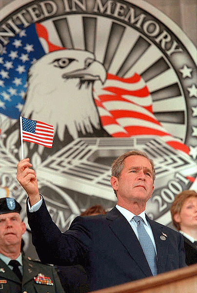 In speaking to an audience of thousands at the Department of Defense Service of Remembrance, President George Bush pays tribute to those who lost their lives at the Pentagon on September 11th. White House photo by Paul Morse.