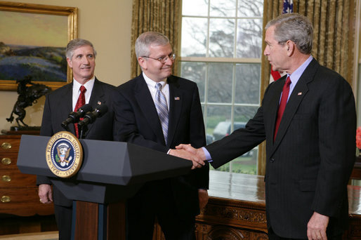 President George W. Bush shakes the hand of Josh Bolten Tuesday, March 28, 2006, after introducing him as the new Chief of Staff, succeeding Secretary Andrew Card. " No person is better prepared for this important position, and I'm honored that Josh has agreed to serve," said the President. White House photo by David Bohrer