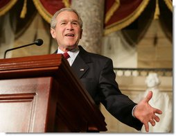President George W. Bush speaks Wednesday evening, March 15, 2006 at the United State Capitol in Washington, in remembrance of the 50th Anniversary of the Hungarian revolution, during a celebration of Hungarian contributions to Democracy. White House photo by Kimberlee Hewitt
