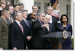 President George W. Bush is joined by his Cabinet in the Rose Garden as he offers remarks Tuesday, March 28, 2006, after finishing their third meeting of the year. Said the President, "Secretary Rice encouraged our Cabinet members to build relationships with their counterparts in Iraq once the new Iraqi government is formed. And I expect them to follow through on their commitments." White House photo by Eric Draper