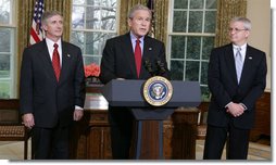 President George W. Bush announces the resignation of Secretary Andy Card as Chief of Staff Tuesday, March 28, 2006, and introduces Director Josh Bolten, Office of Management and Budget, as successor during a press conference in the Oval Office.  White House photo by David Bohrer