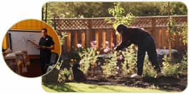 Photos of a police officer lecturing a class and a man tending a community garden.