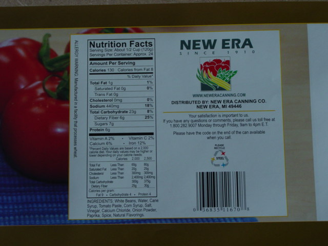 Label from New Era brand Vegetarian beans  