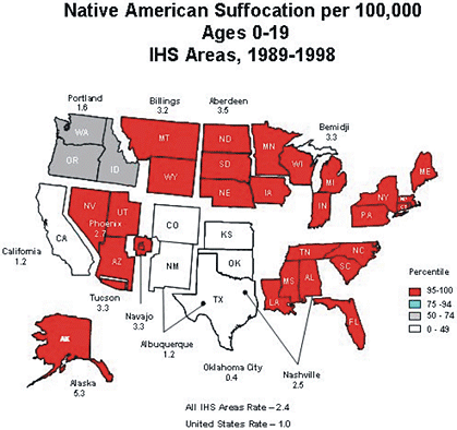 Suffocations per 100,000 Population, Native Americans,Ages 0�, IHS Areas, 1989�98