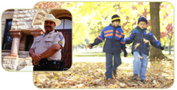 Photos of a police officer outside his station and two children walking through the woods.