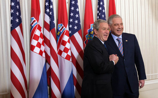 President George W. Bush and Prime Minister Ivo Sanader of Croatia, smile for cameras at Banski Dvori in Zagreb Saturday, April 5, 2008. The President and Mrs. Bush spent the morning in the Croatia capital before continuing on to Sochi, Russia, on the last leg of their Eastern European visit. White House photo by Chris Greenberg
