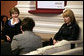 Mrs. Laura Bush and Mrs. Kateryna Yushchenko, wife of Ukrainian President Viktor Yushchenko, participate in a tea with breast cancer advocates and survivors Tuesday, April 1, 2008, at the Diplomatic Academy in Kyiv. White House photo by Shealah Craighead