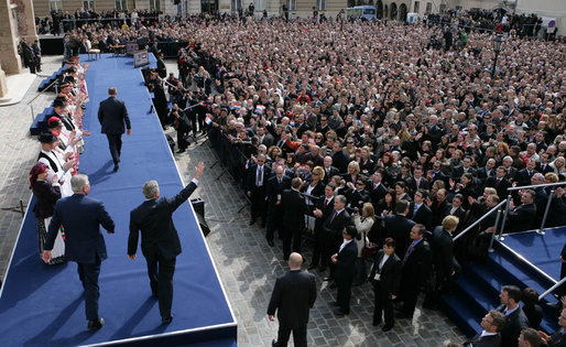 President George W. Bush and Prime Minister Ivo Sanader of Croatia are welcomed by thousands who flocked to St. Mark's Square in downtown Zagreb Saturday, April 5, 2008, to see and hear the U.S. President. White House photo by Chris Greenberg