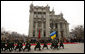 An honor guard marches past the red carpet in front of the Presidential Secretariat in Kyiv Tuesday, April 1, 2008, during arrival ceremonies for President George W. Bush and Mrs. Laura Bush. White House photo by Eric Draper